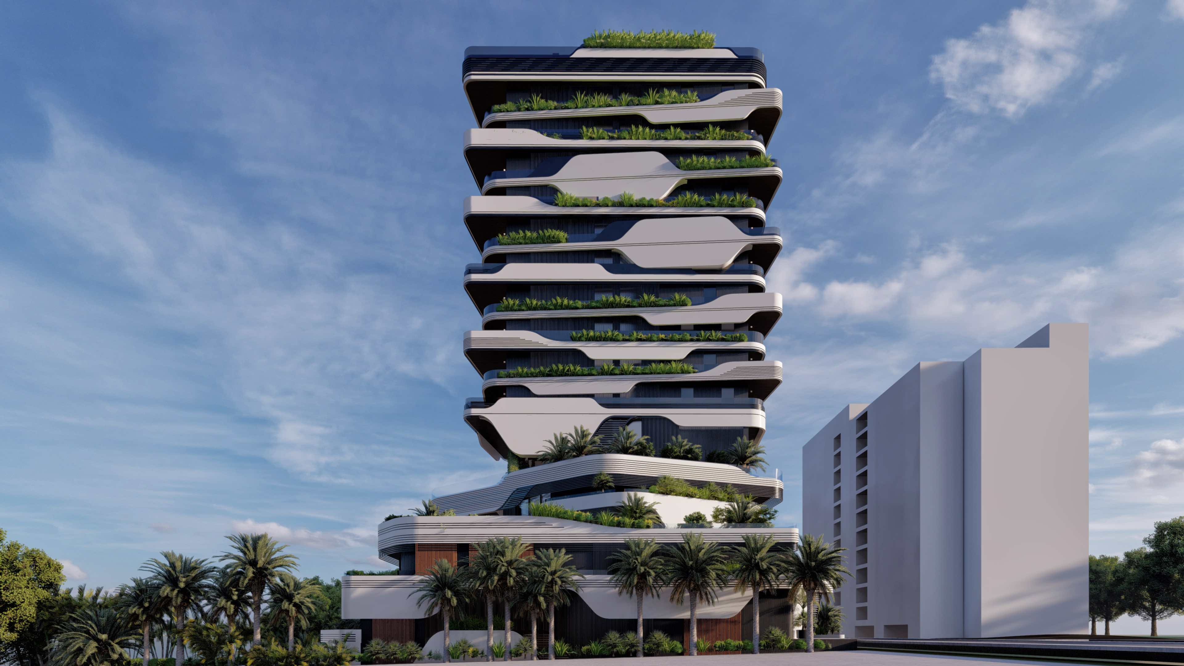 a modern hotel with layered balconies terraces 