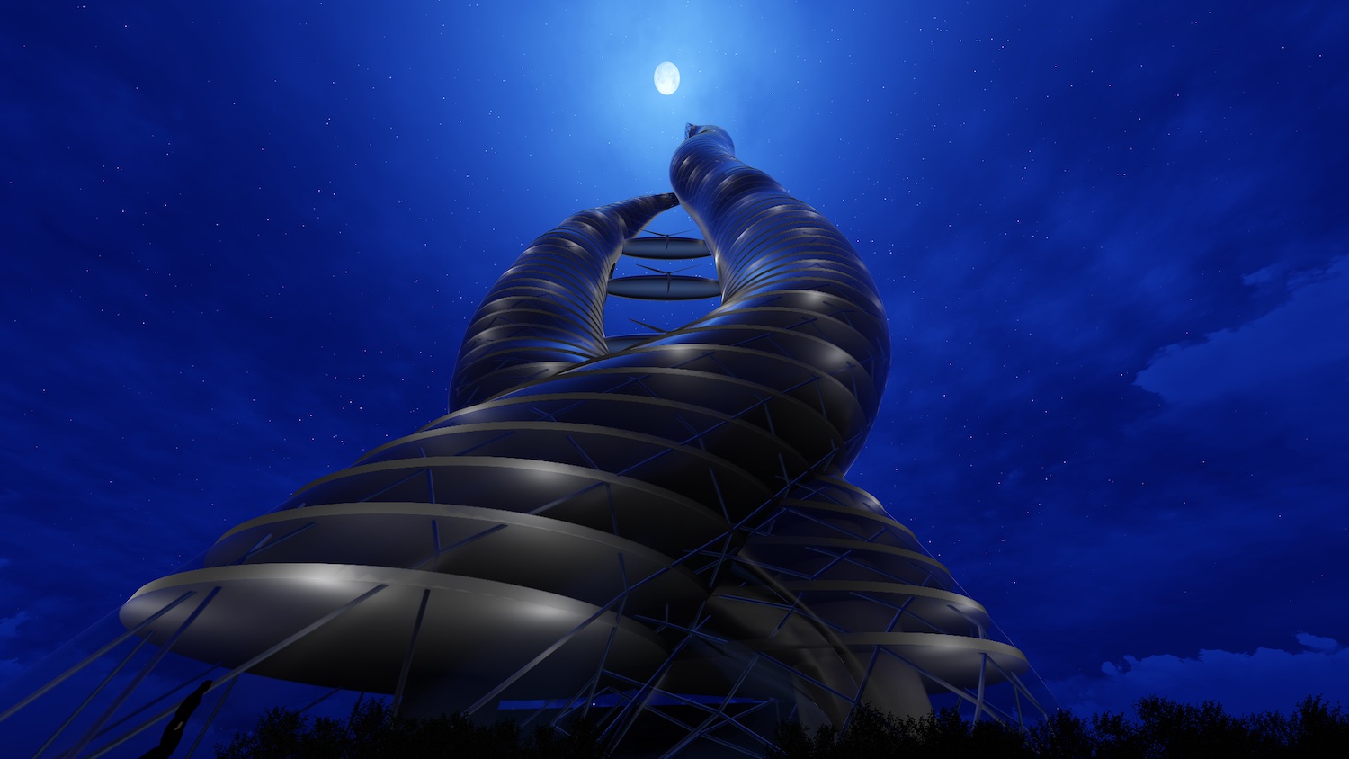 spiral skyscraper at night 