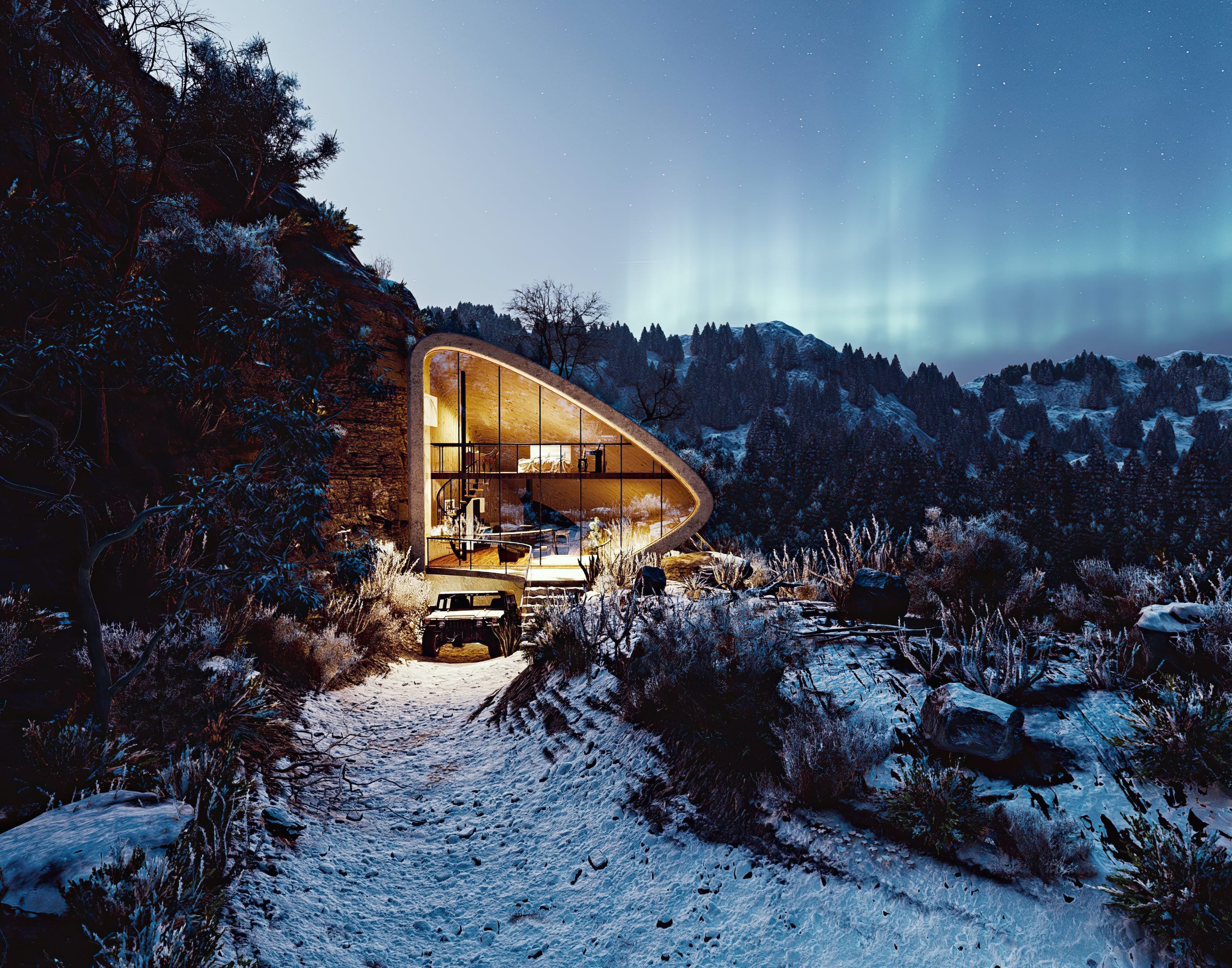 concrete house surrounded with snow at night 