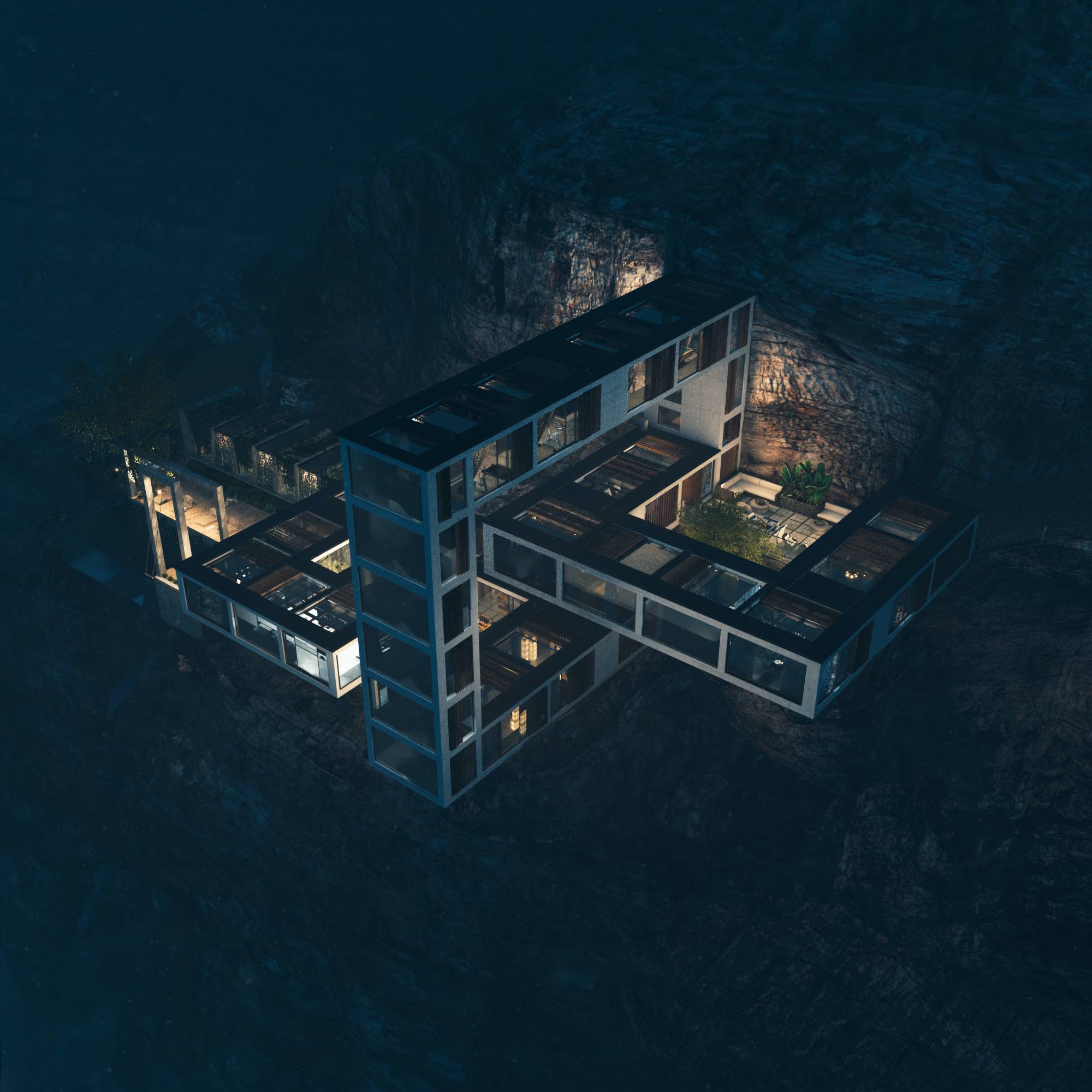 aerial view of the house in the night 