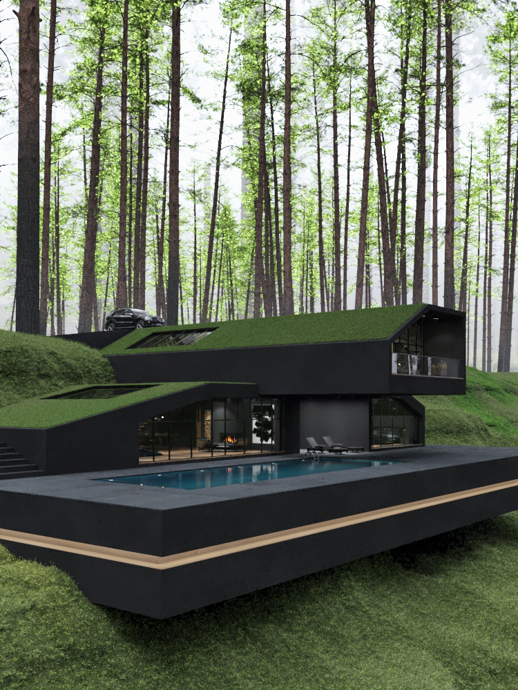 a villa with green roof among pine forest in New York State 