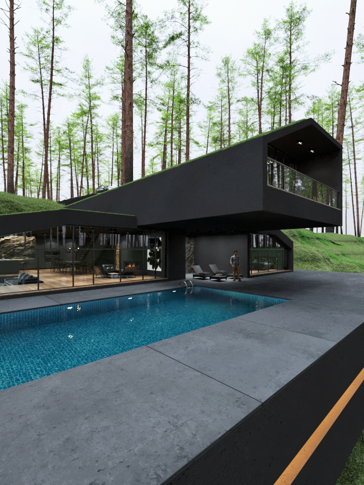 black cantilevered house 
