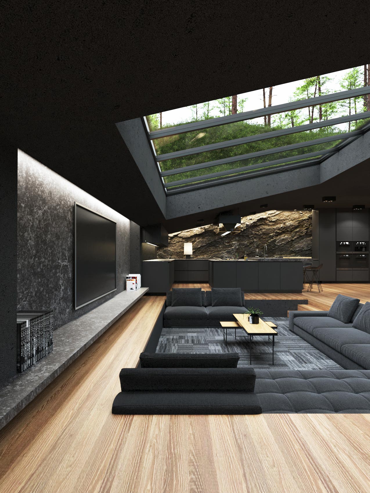 living rom with black interior and skylight window in the roof 