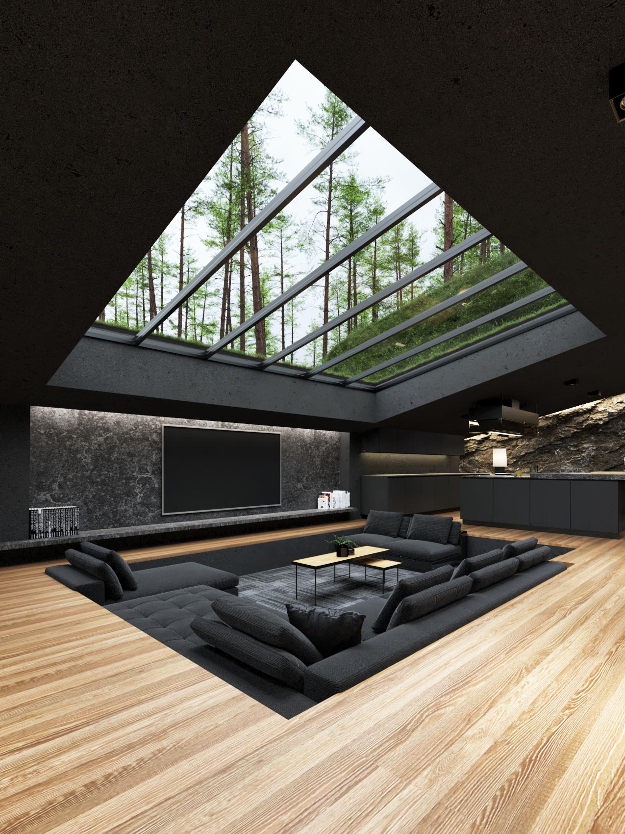 cozy living room with skylight in the ceiling let the natural light enters the room 