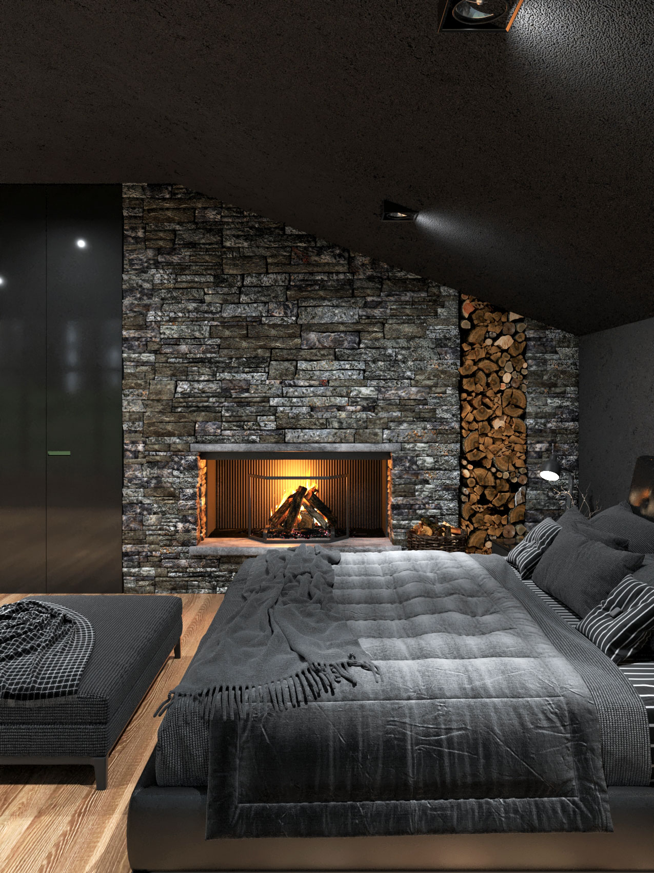 luxury bedroom with cozy fireplace 