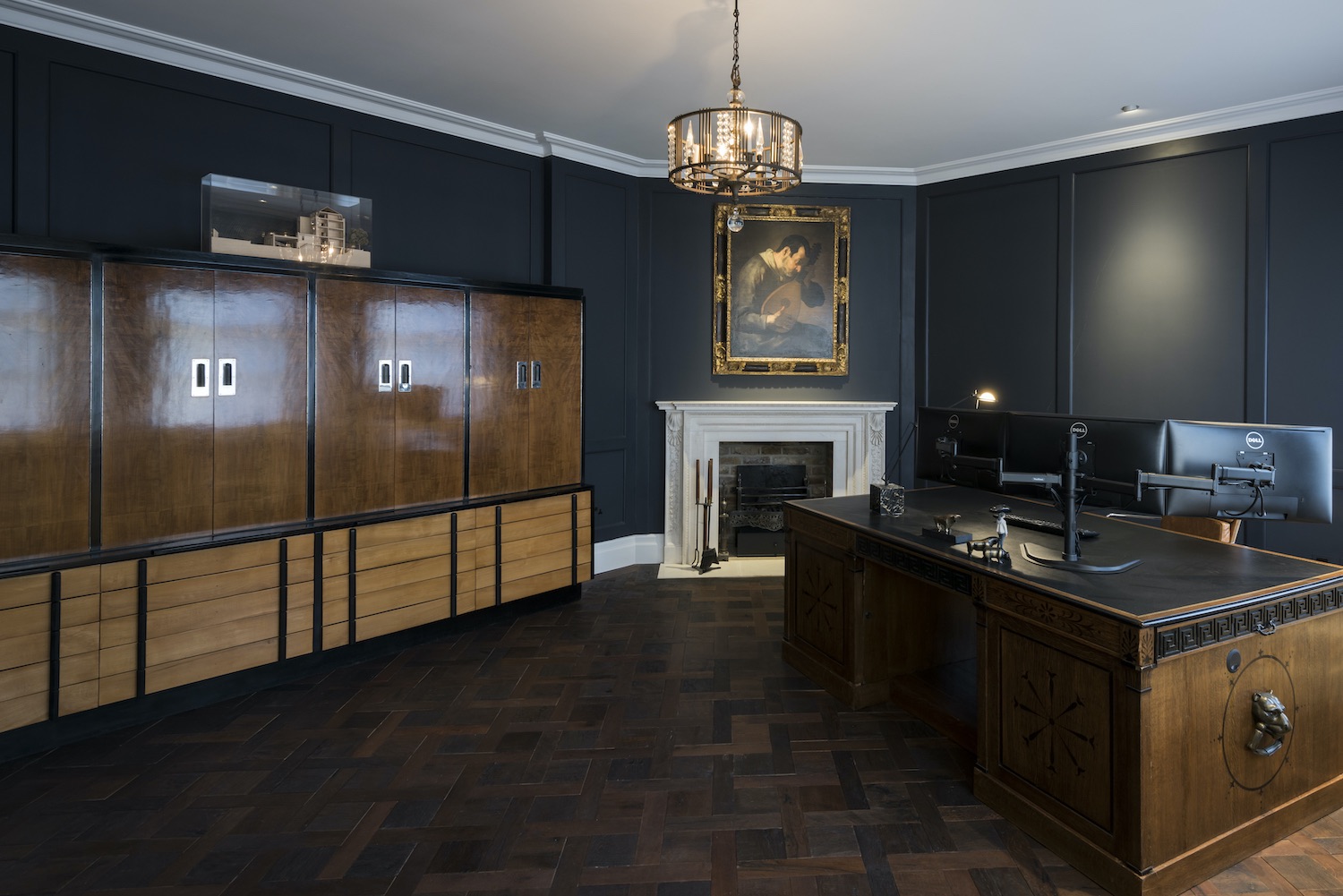 office room with fireplace and luxury classic furniture