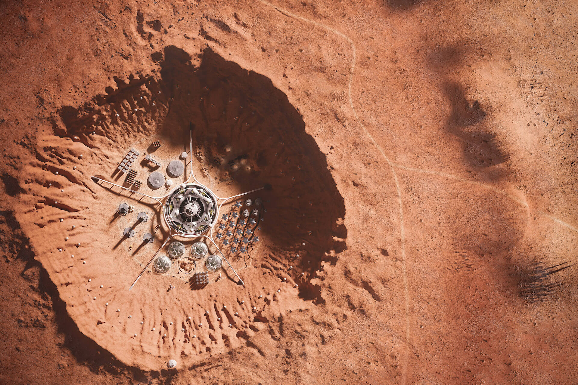 a futuristic residential community in a crater