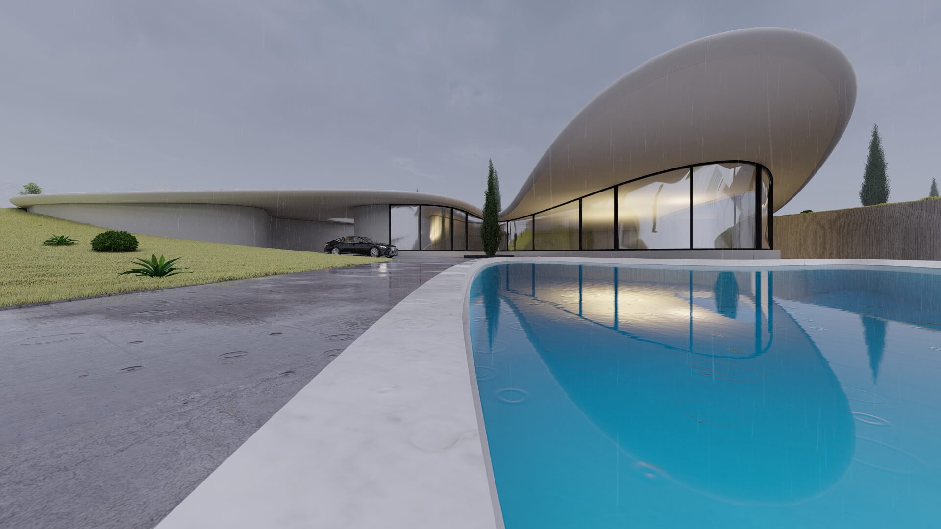 organic shaped house surrounded with green landscape 